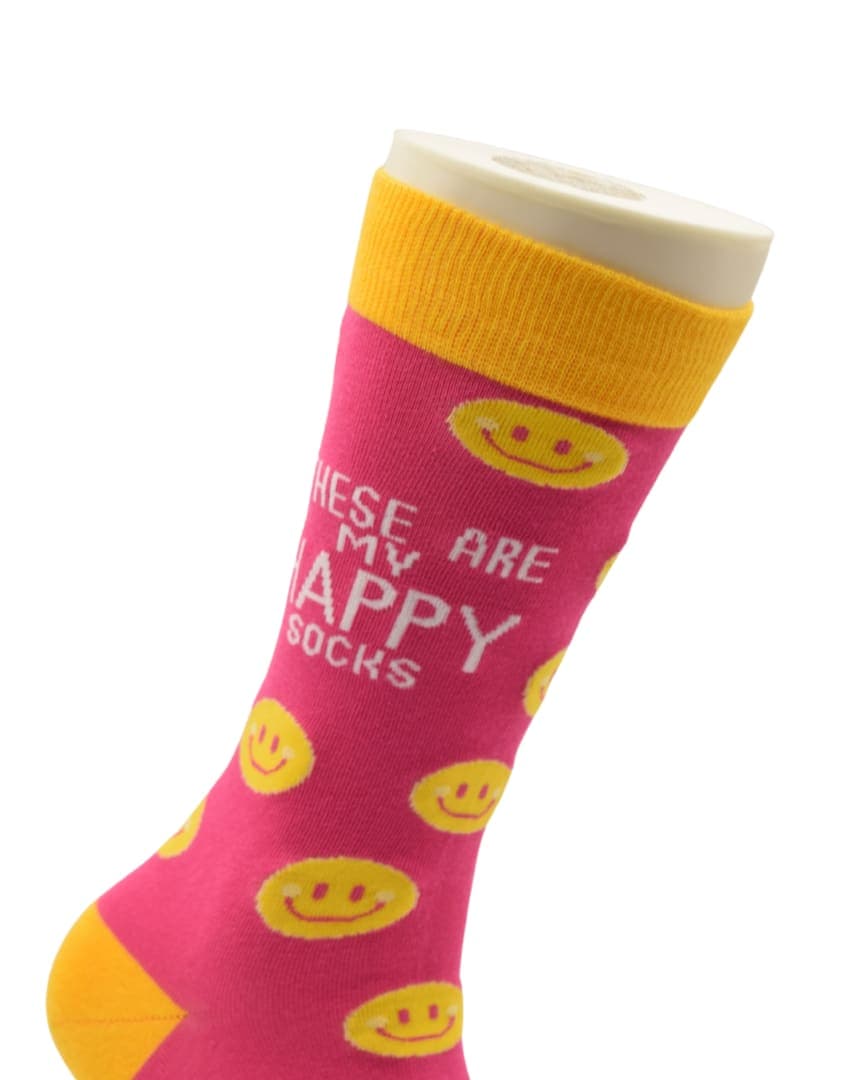 Happy Face Crew Socks – Pink & Yellow Smiley Design with Quote, Unisex hover