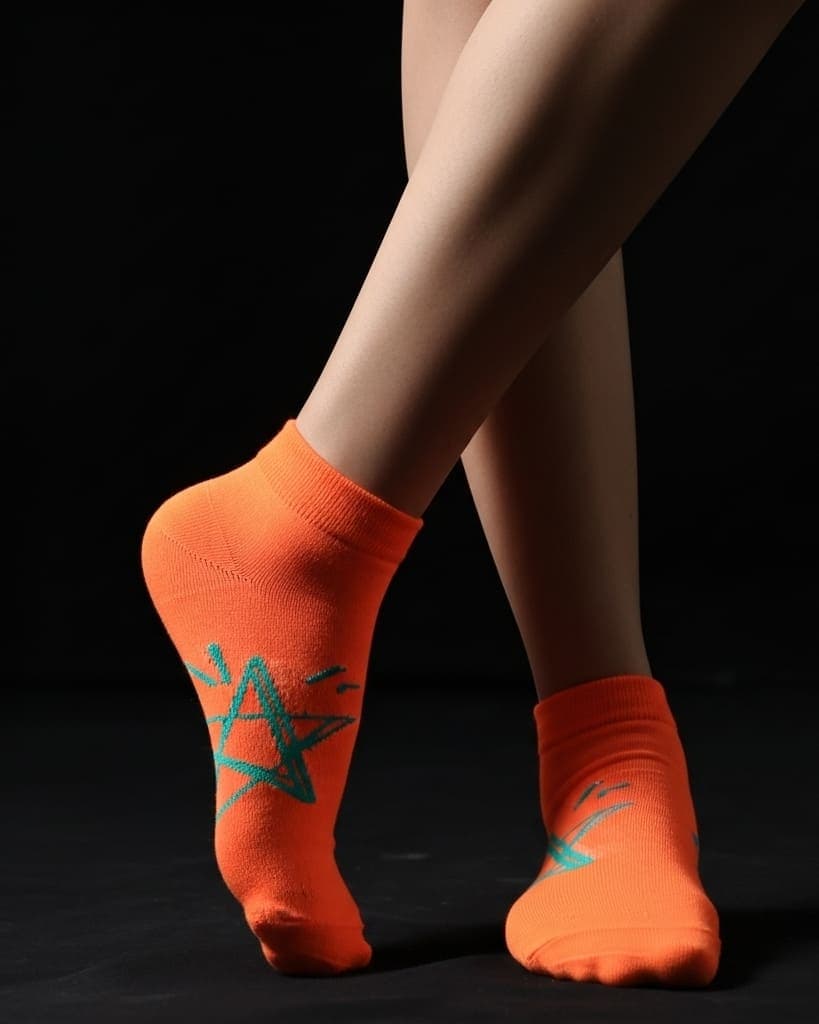 Orange Ankle Socks with Green Star Design – Soft & Stylish Casual Wear