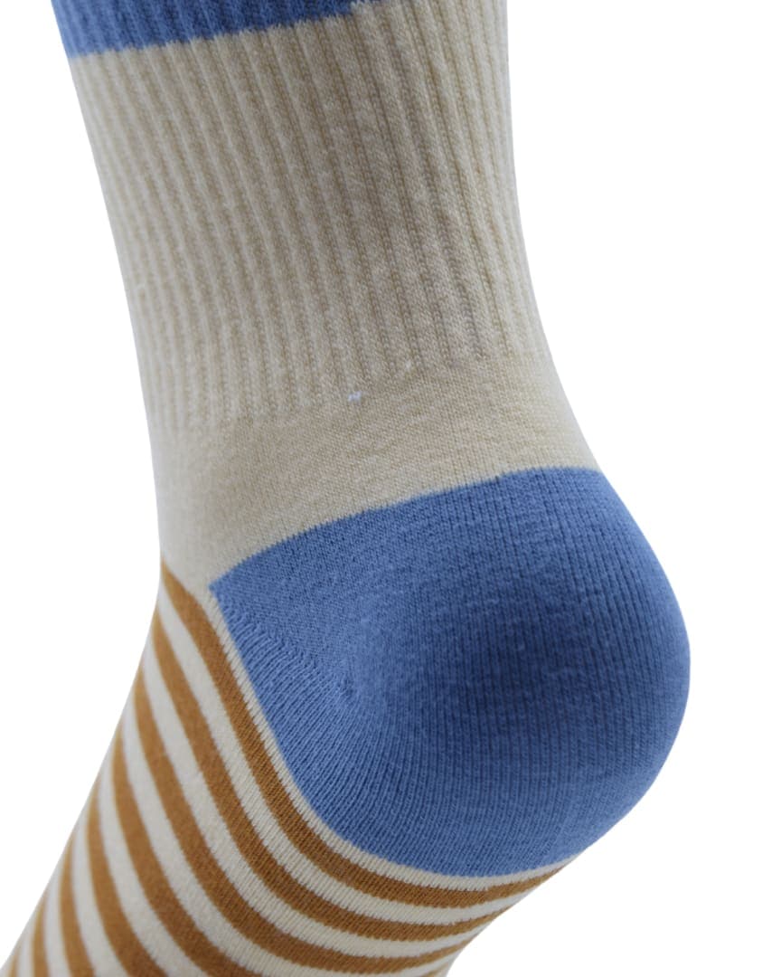 Unisex Crew Socks – Beige, Blue & Brown Striped Design hover
