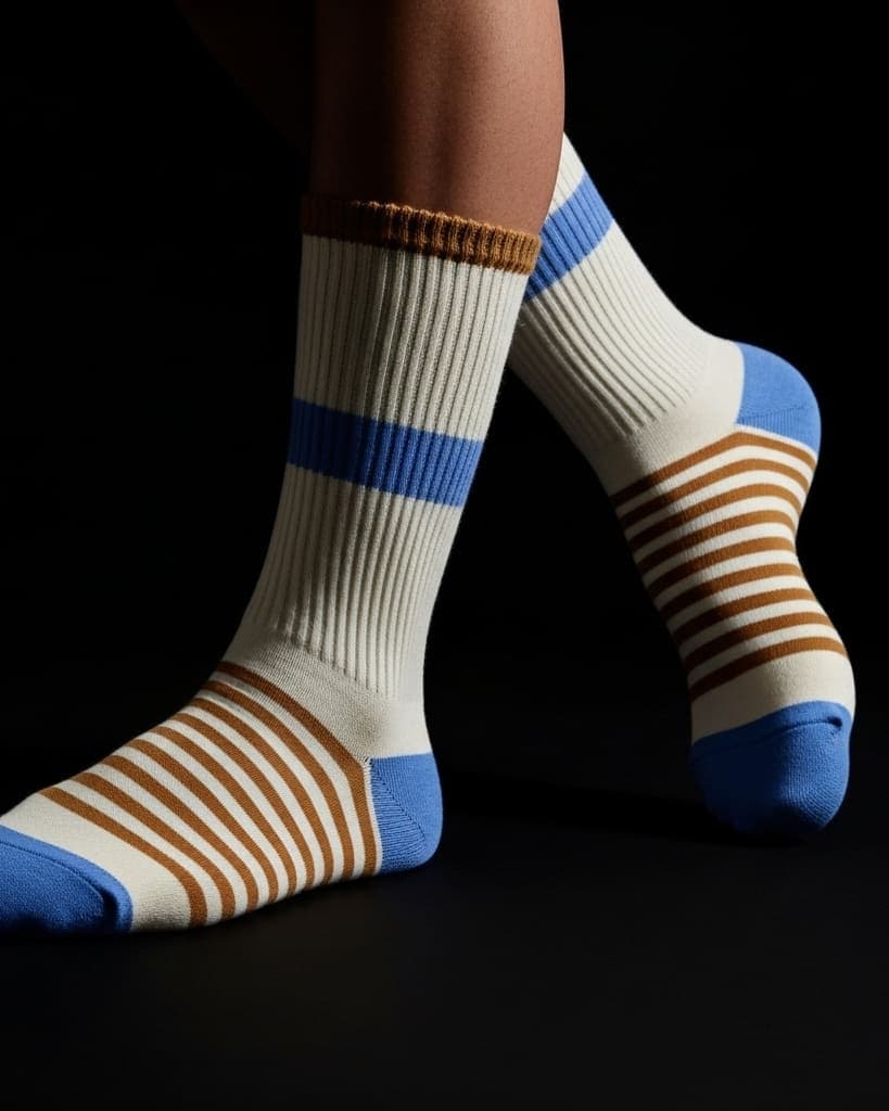 Unisex Crew Socks – Beige, Blue & Brown Striped Design