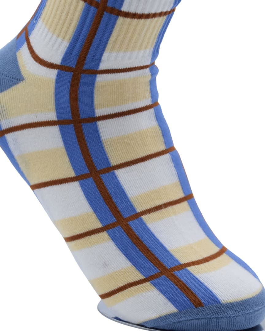Unisex Crew Socks – Blue, Beige & Brown Checkered Design