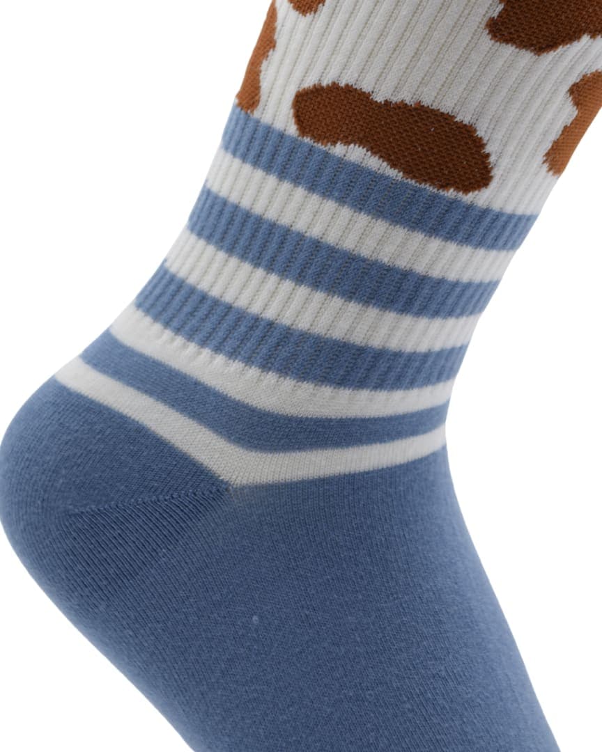 Unisex Crew Socks – Blue with Brown Spots & Striped Pattern