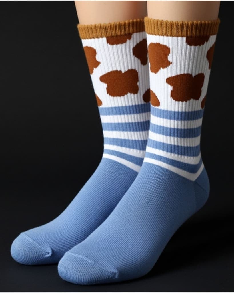 Unisex Crew Socks – Blue with Brown Spots & Striped Pattern hover