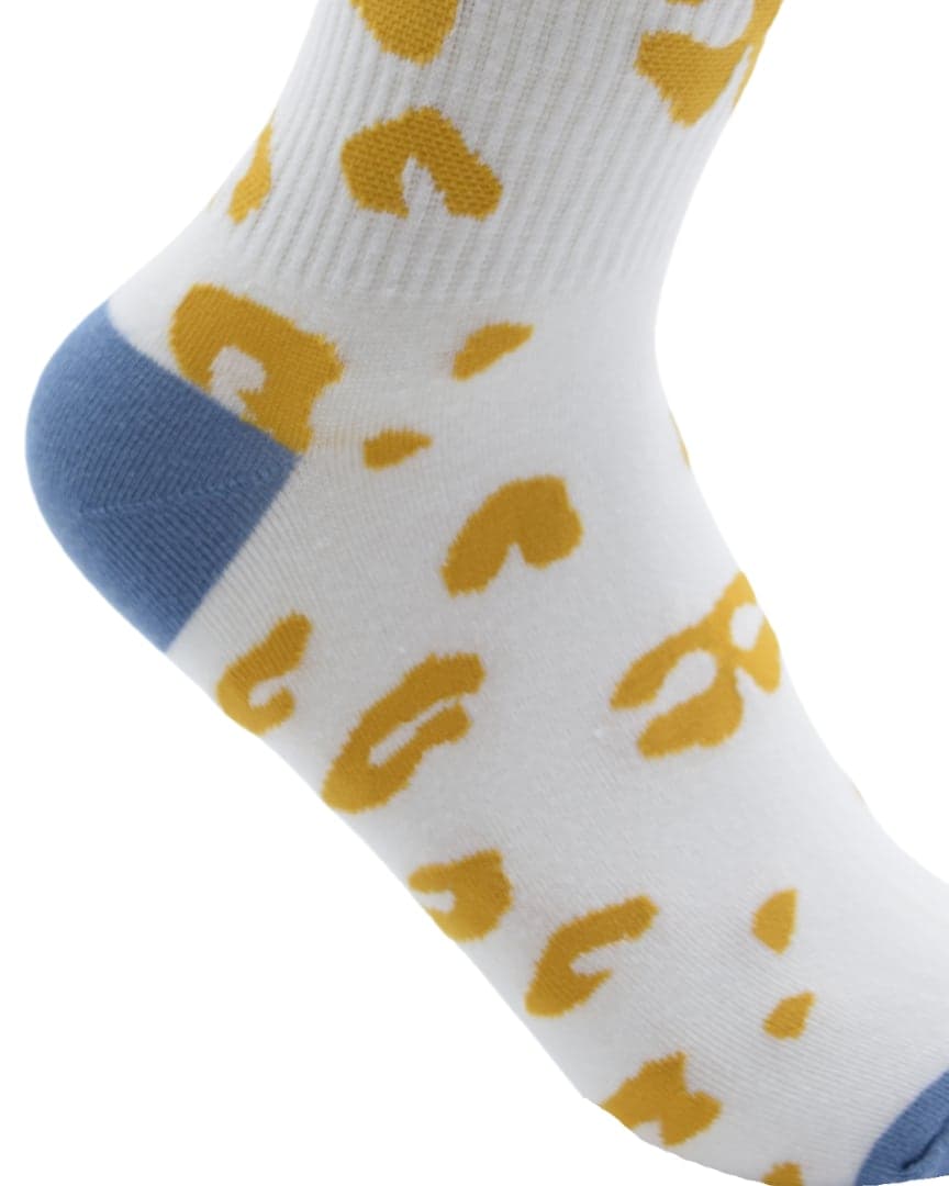 Unisex Crew Socks – White with Yellow Spots & Blue Accents hover
