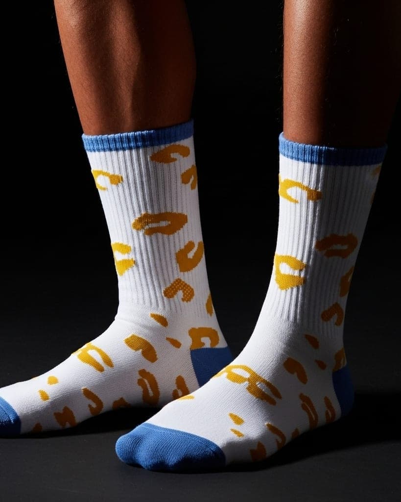 Unisex Crew Socks – White with Yellow Spots & Blue Accents