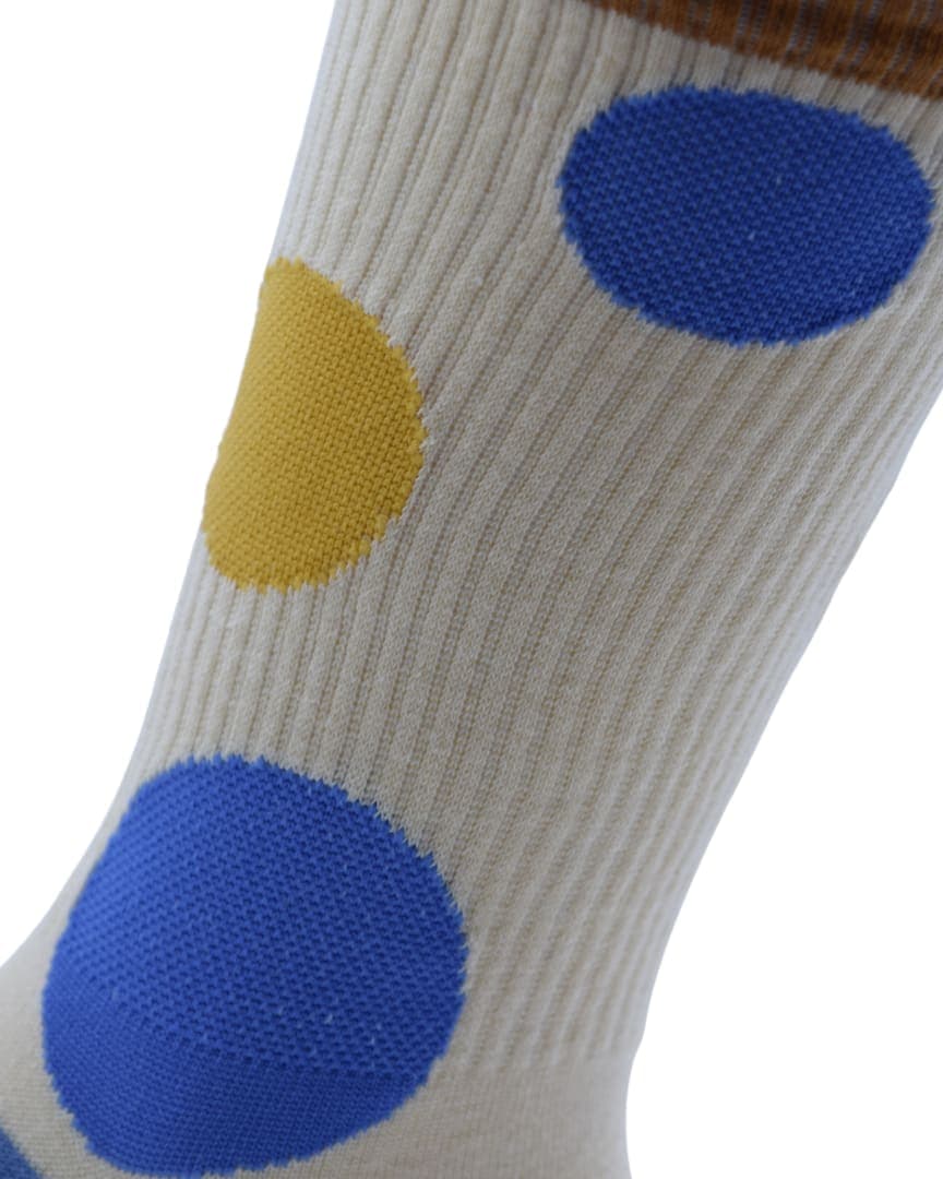 Retro Polka Dot Crew Socks – Beige with Blue & Yellow Dots