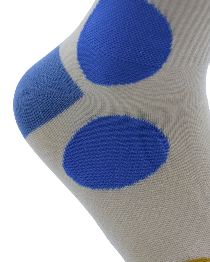 Retro Polka Dot Crew Socks – Beige with Blue & Yellow Dots hover