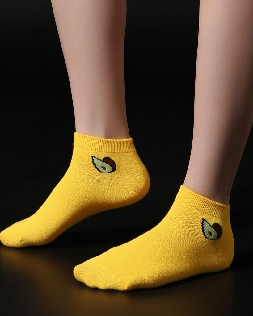 Yellow Ankle Socks with Avocado Design