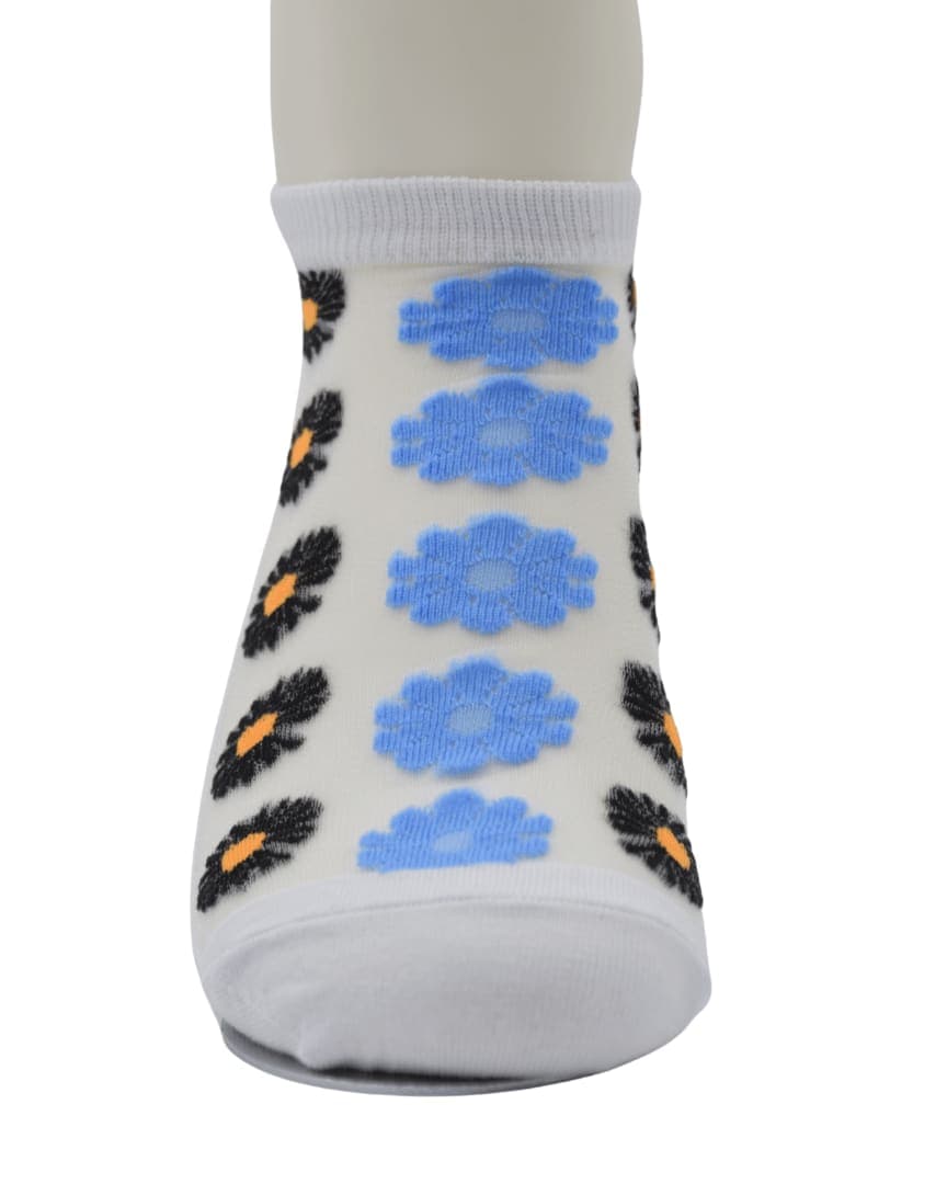 White Sheer Ankle Socks with Black & Blue Floral Pattern