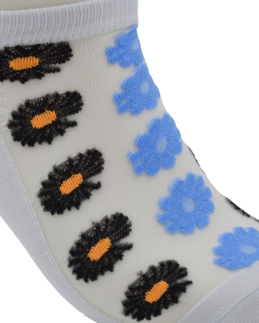 White Sheer Ankle Socks with Black & Blue Floral Pattern hover