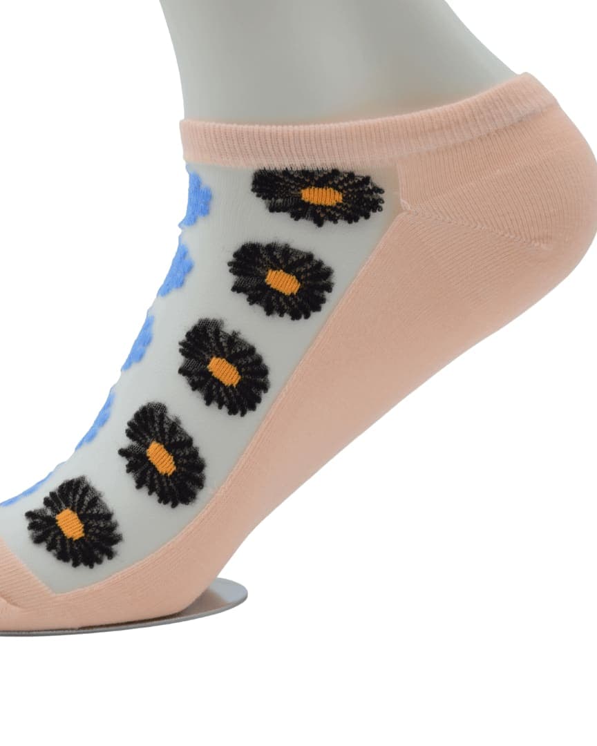 Peach Sheer Ankle Socks with Black & Blue Floral Pattern