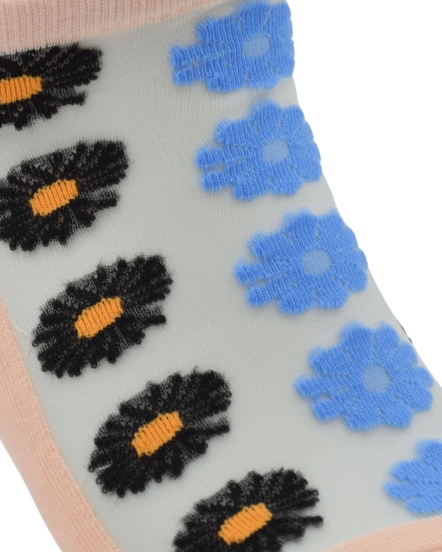 Peach Sheer Ankle Socks with Black & Blue Floral Pattern hover
