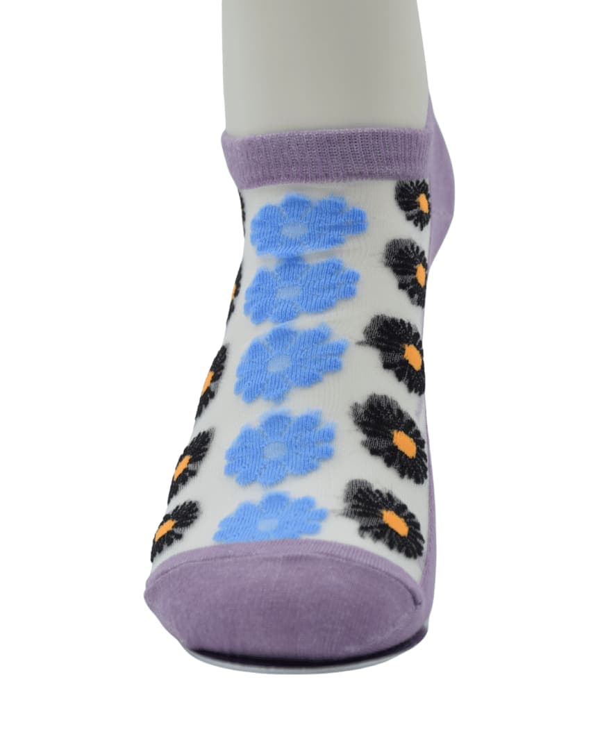 Purple Sheer Ankle Socks with Black & Blue Floral Pattern