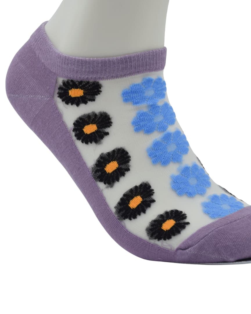 Purple Sheer Ankle Socks with Black & Blue Floral Pattern hover