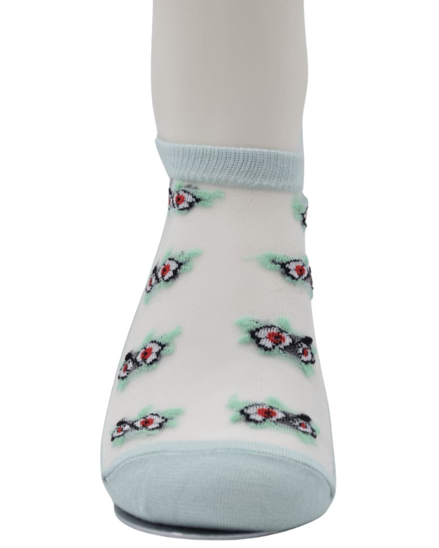 Mint Green Sheer Ankle Socks with Floral Embroidery