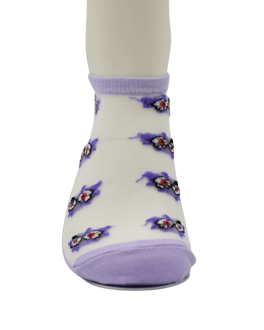 Lavender Sheer Ankle Socks with Floral Embroidery