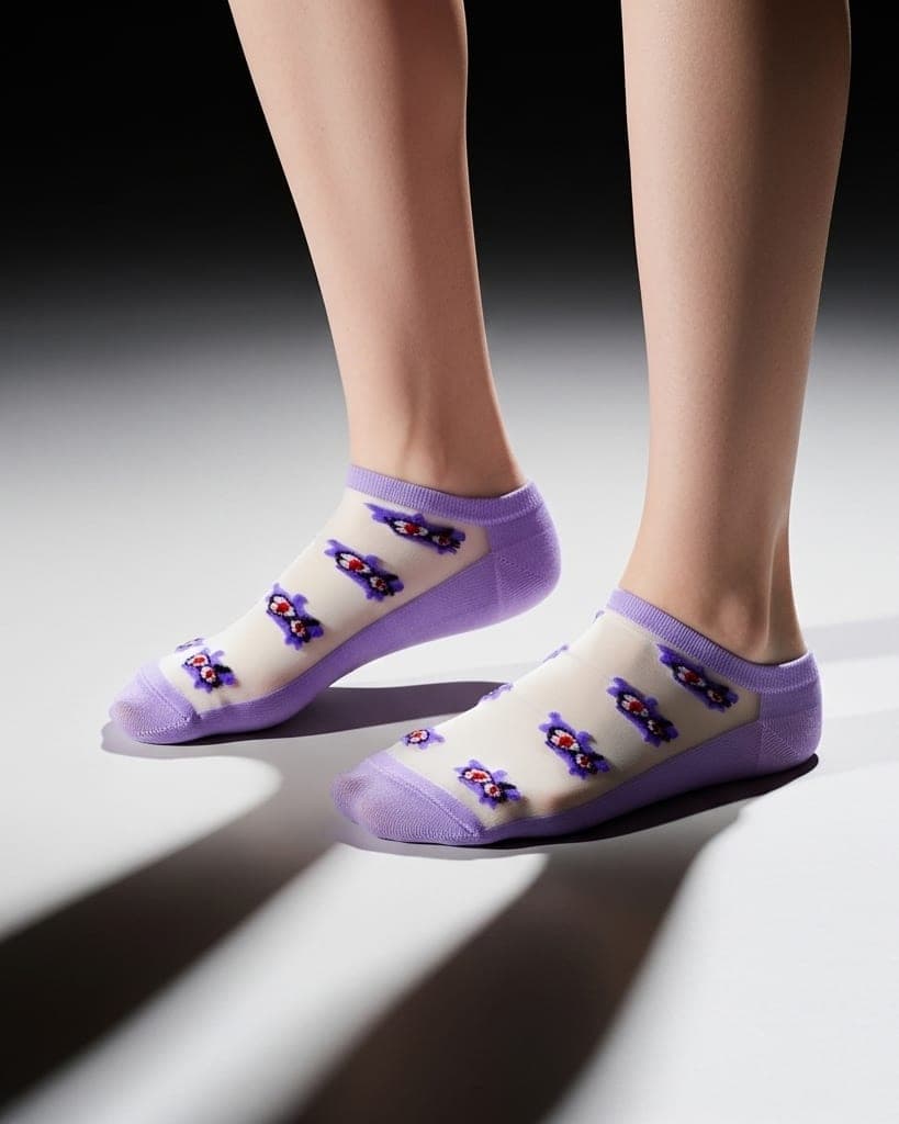 Lavender Sheer Ankle Socks with Floral Embroidery