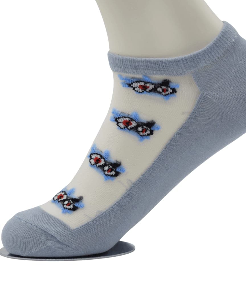 Sky Blue Sheer Ankle Socks with Floral Embroidery