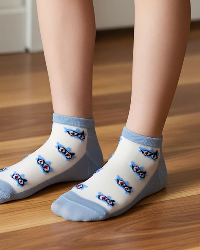 Sky Blue Sheer Ankle Socks with Floral Embroidery