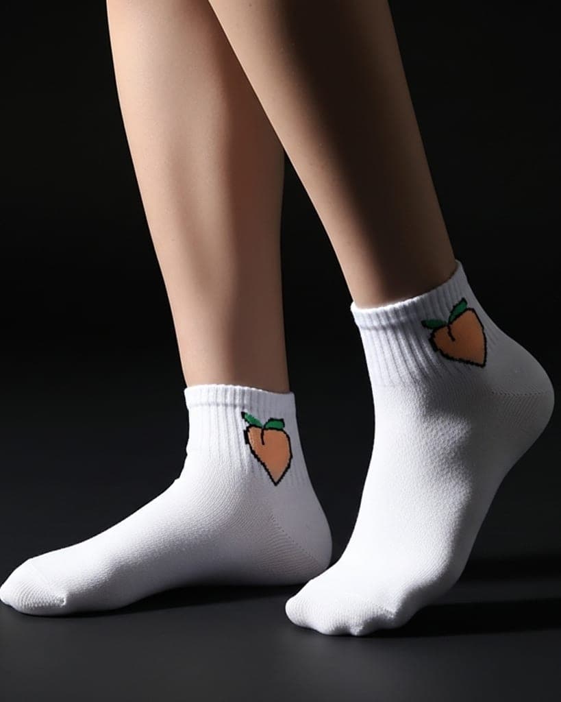 White Ankle Socks with Peach Embroidery – Cute & Trendy Style