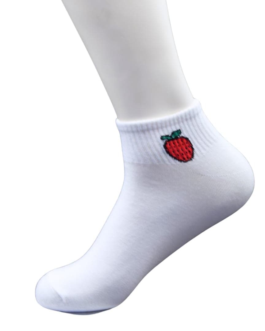 White Ankle Socks with Strawberry Embroidery – Fun & Stylish