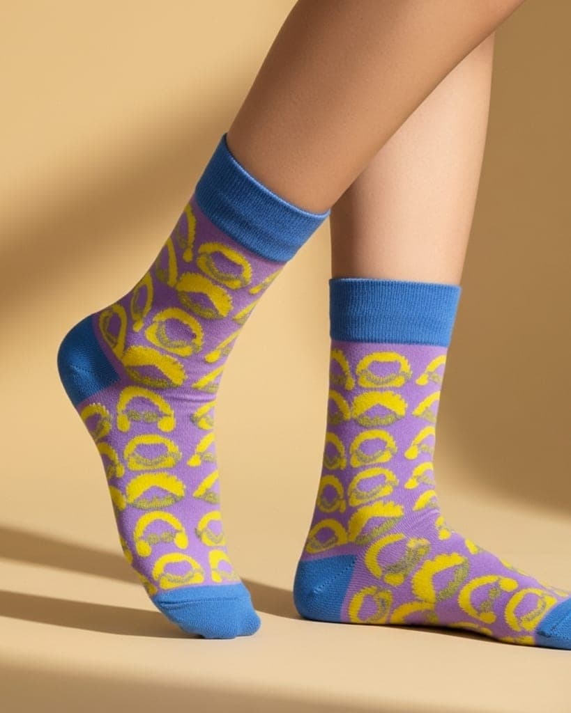 Pastel Pattern Crew Socks – Lavender & Yellow with Blue Accents