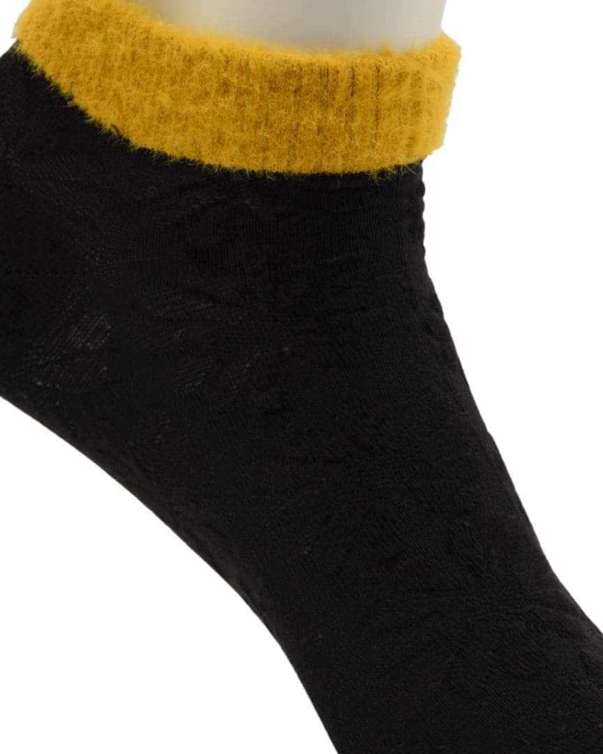 Cozy Floral Ankle Socks with Fuzzy Yellow Cuff – Black & Mustard hover
