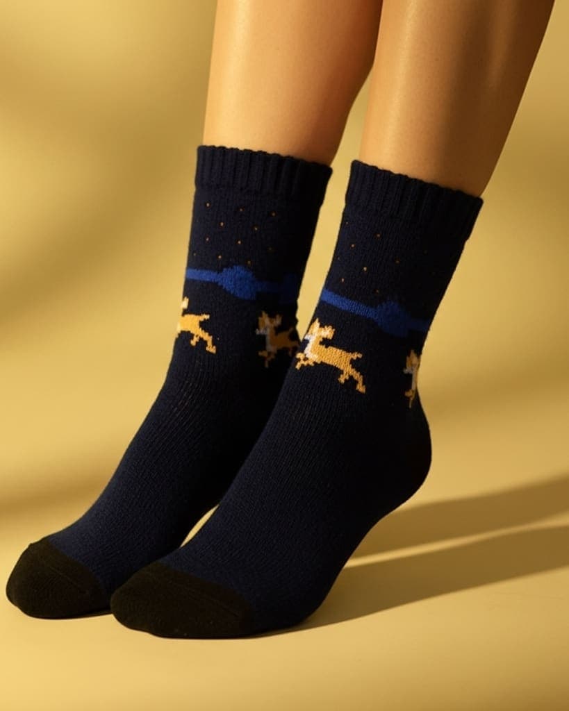Cozy Winter Reindeer Socks – Navy Blue Crew Length
