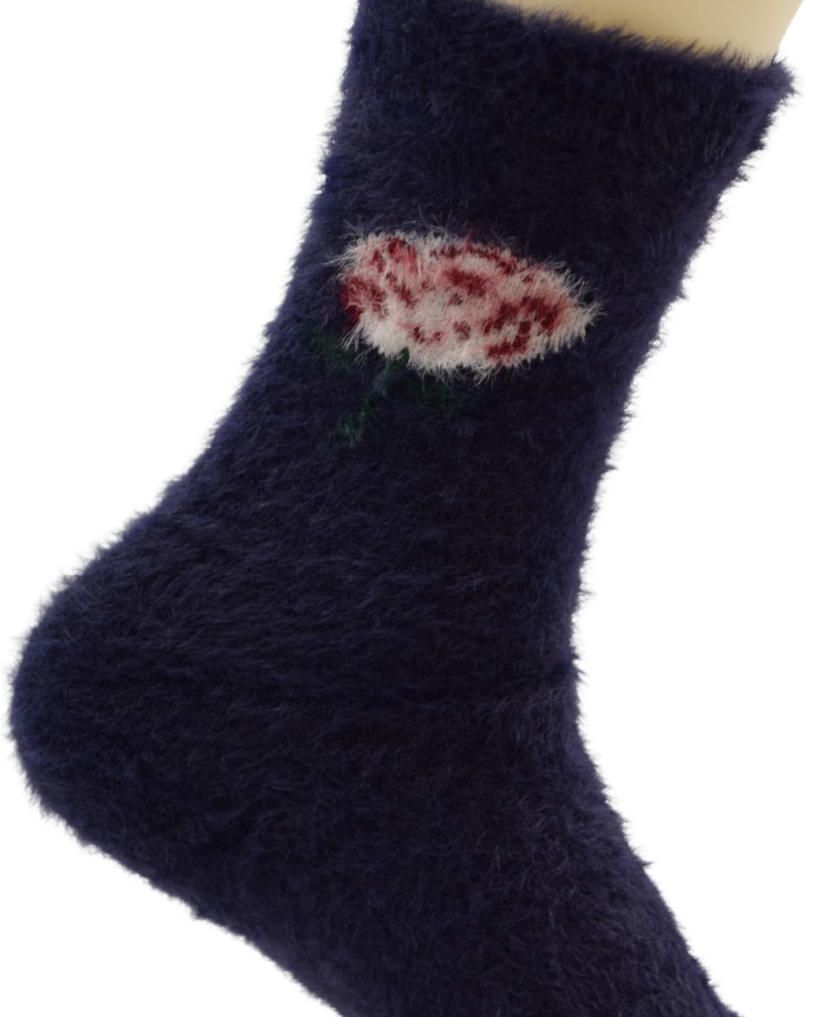Women’s Fuzzy Winter Socks – Navy Blue with Floral Design hover