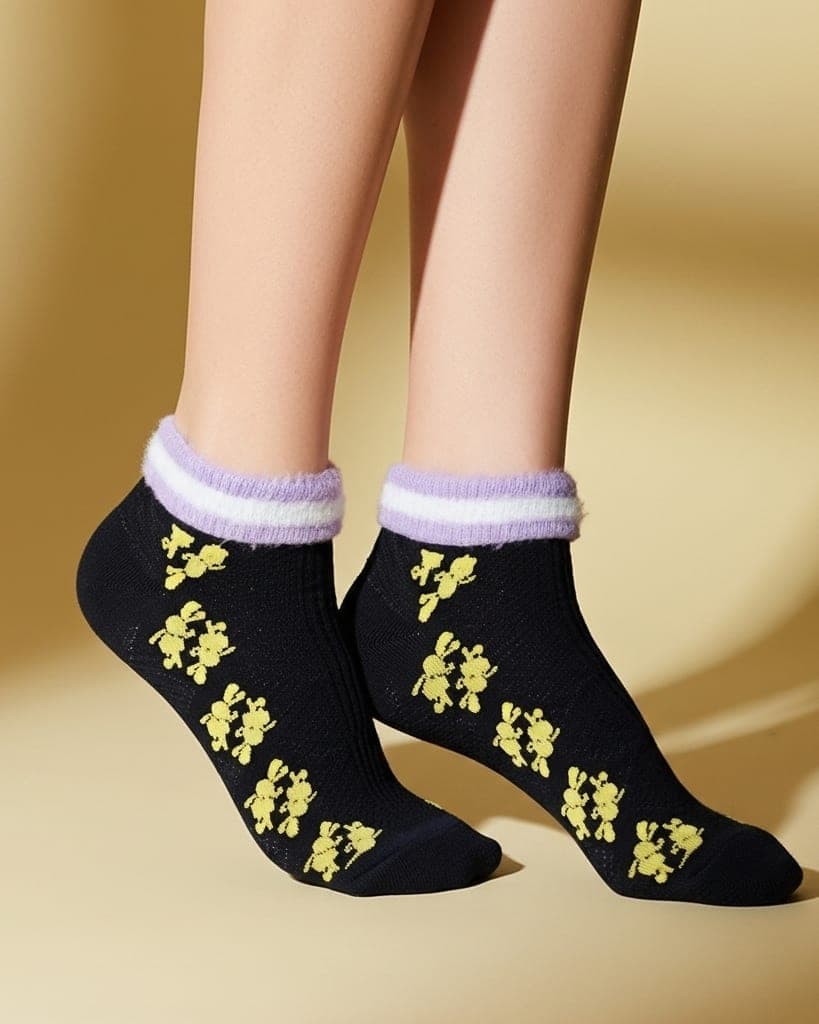 Women’s Black Ankle Socks with Yellow Floral Design & Soft Cuff hover