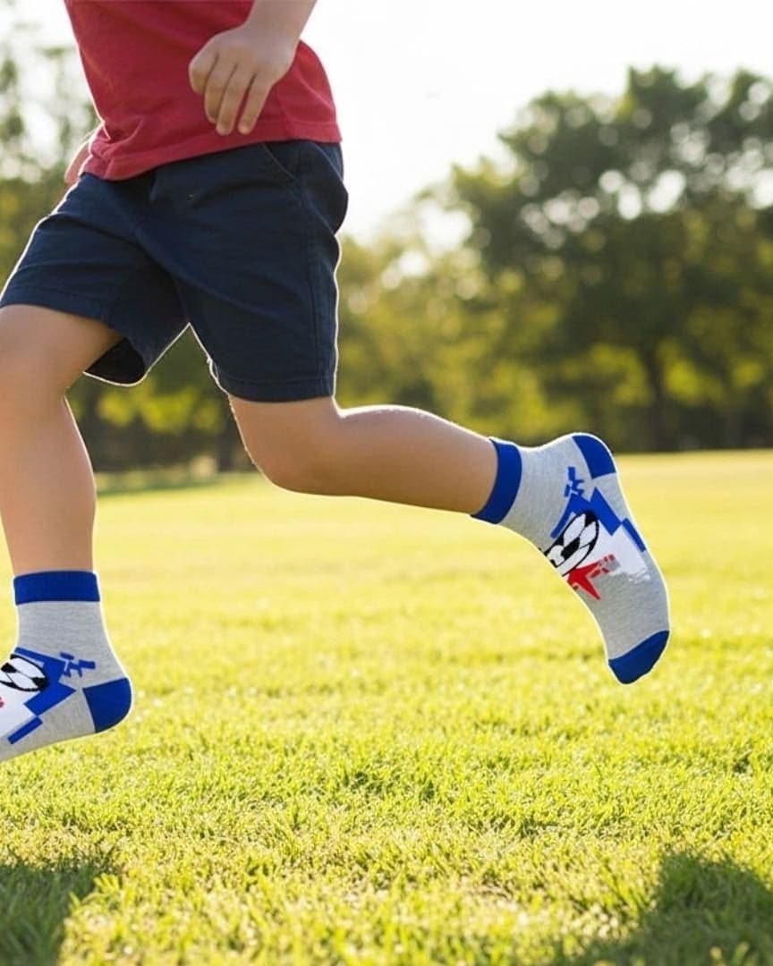 Kids Sports-Themed Ankle Socks – Grey & Blue | Soft Cotton Comfort hover