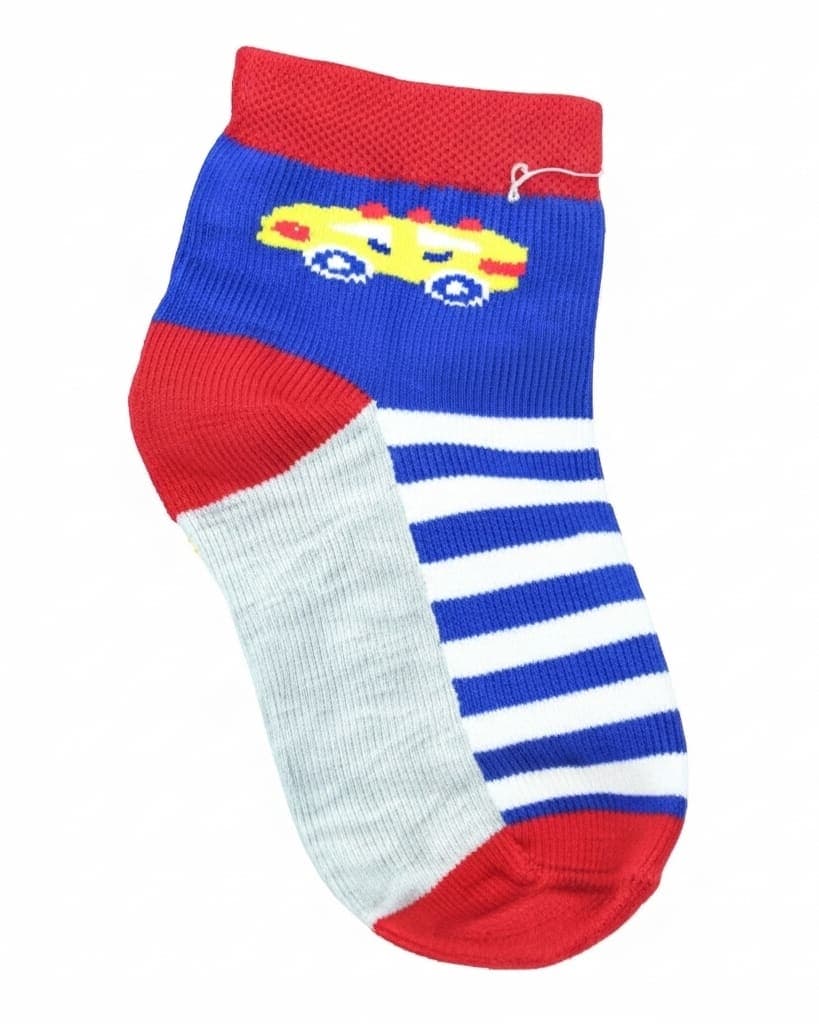 Kids Car Design Ankle Socks – Blue, Red & Grey | Fun Cotton Comfort