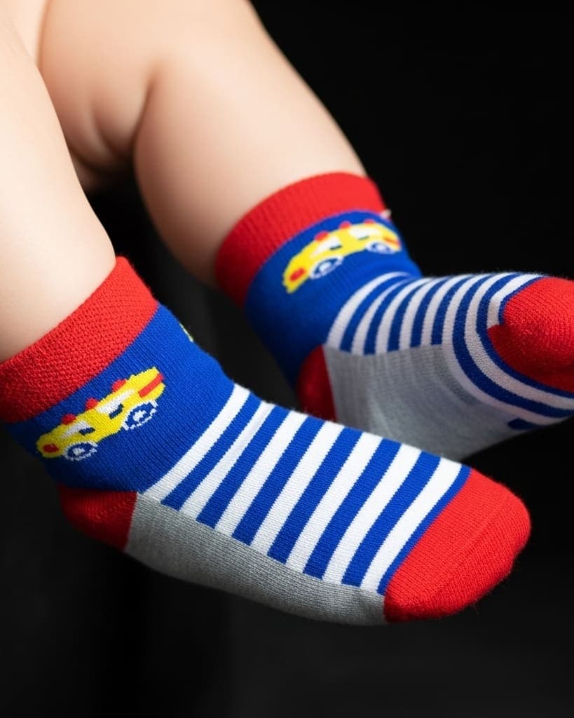 Kids Car Design Ankle Socks – Blue, Red & Grey | Fun Cotton Comfort