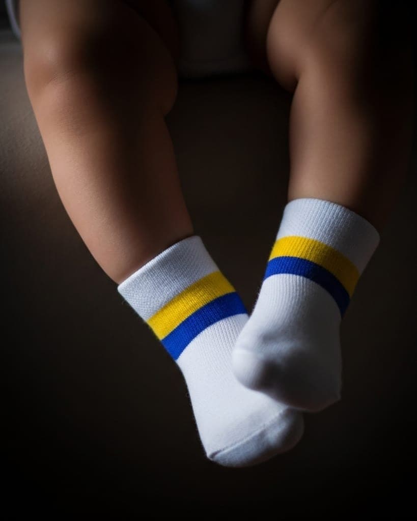 Classic White Ankle Socks with Yellow & Blue Stripes hover