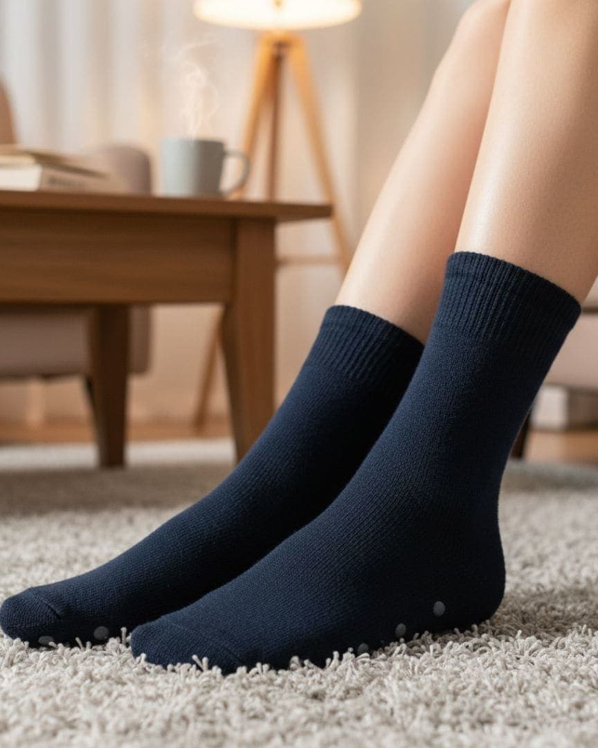 Navy Blue Anti-Slip Socks | Soft Cotton Grip Socks for Home, Yoga & Daily Wear hover