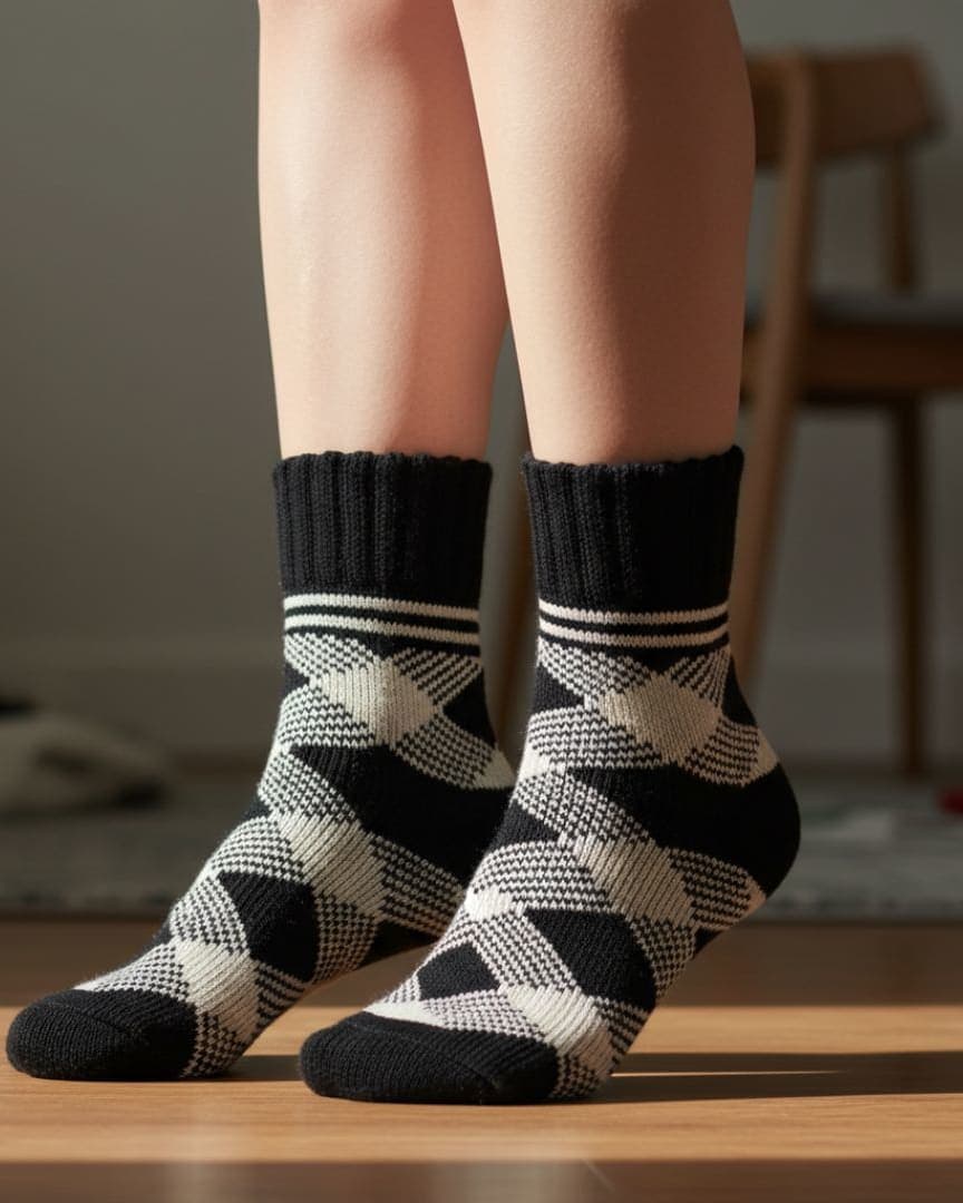 Black & White Checkered Winter Socks | Soft Knit Crew Socks