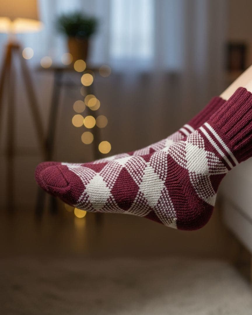 Maroon & Cream Checkered Winter Socks | Warm Knit Socks hover