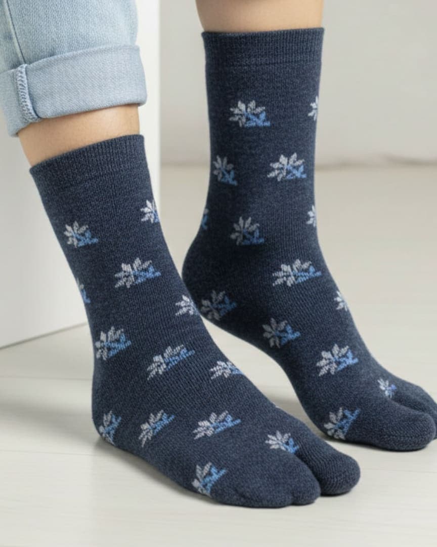 Navy Blue Floral Woolen Thumb Socks | Soft Warm Crew Socks for Daily Wear