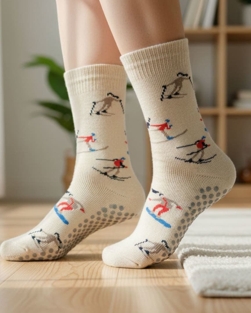 Beige Anti-Slip Crew Socks with Skater Print | Soft Cotton Grip Socks for Home & Yoga
