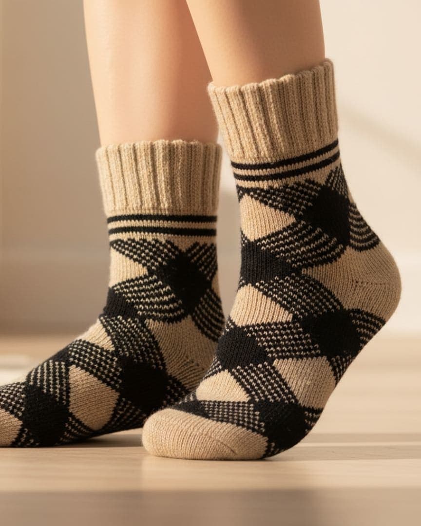 Beige & Black Checkered Woolen Winter Socks | Soft Knit Warm Socks
