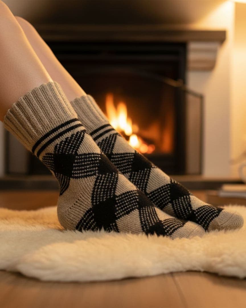 Beige & Black Checkered Woolen Winter Socks | Soft Knit Warm Socks hover
