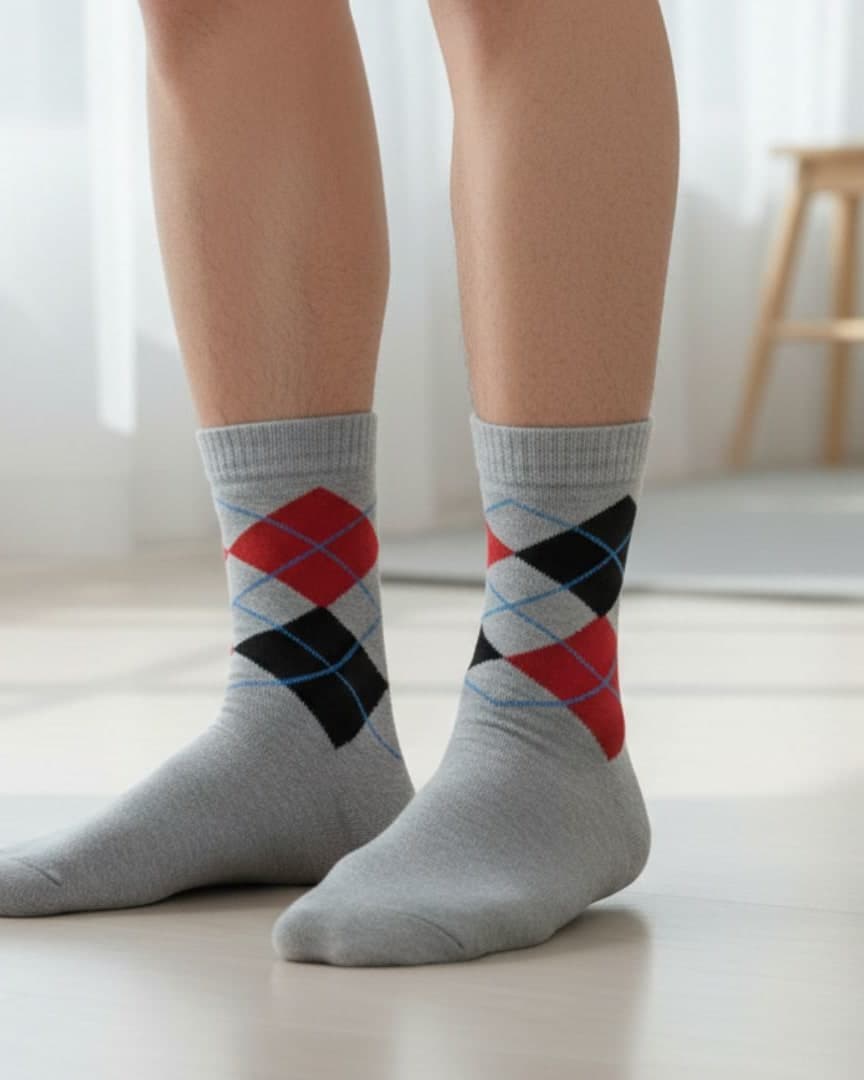 Grey Woolen Winter Socks with Red & Black Argyle Pattern