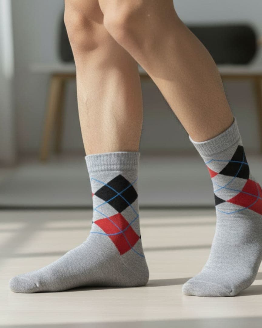 Grey Woolen Winter Socks with Red & Black Argyle Pattern hover