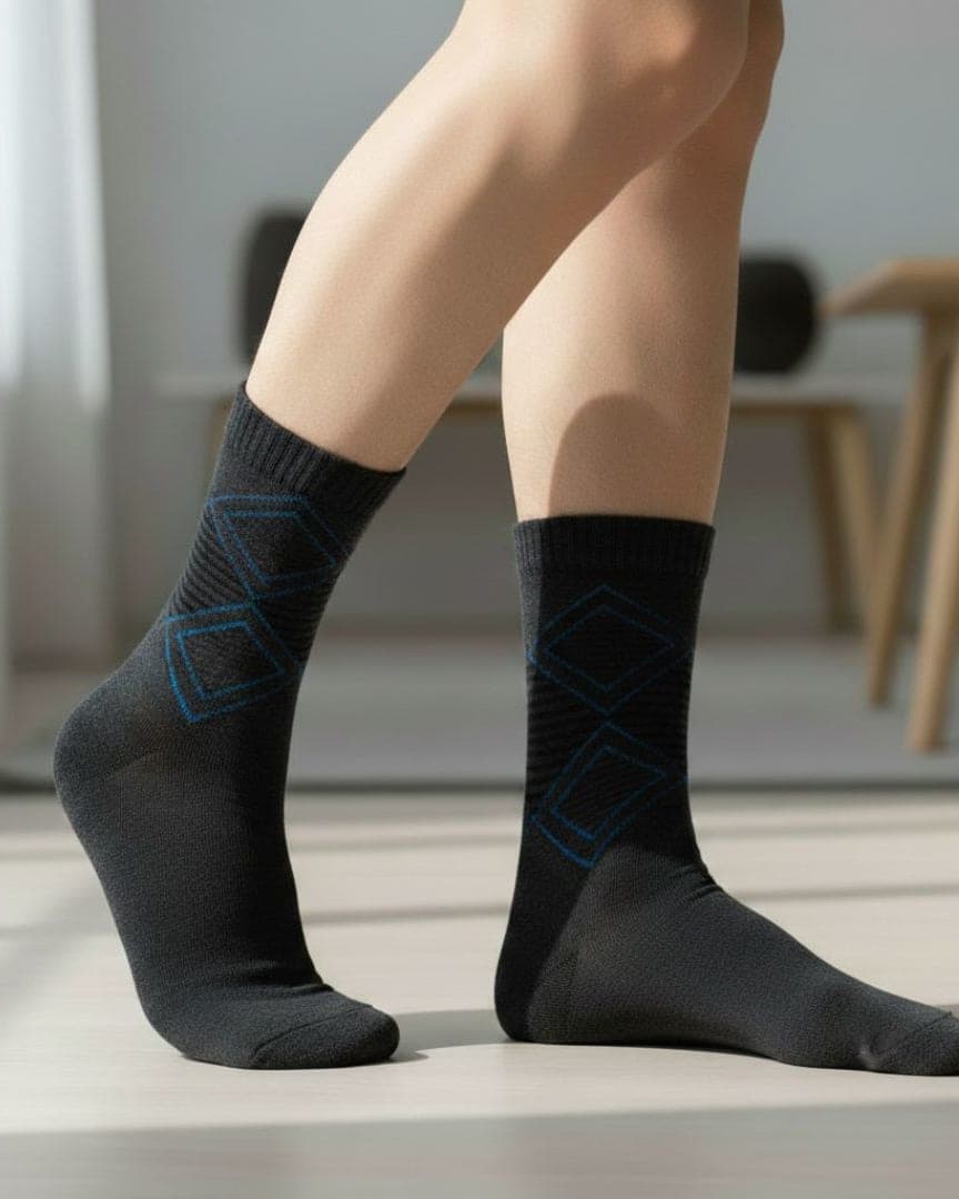 Charcoal Grey Woolen Winter Socks with Subtle Blue Diamond Pattern