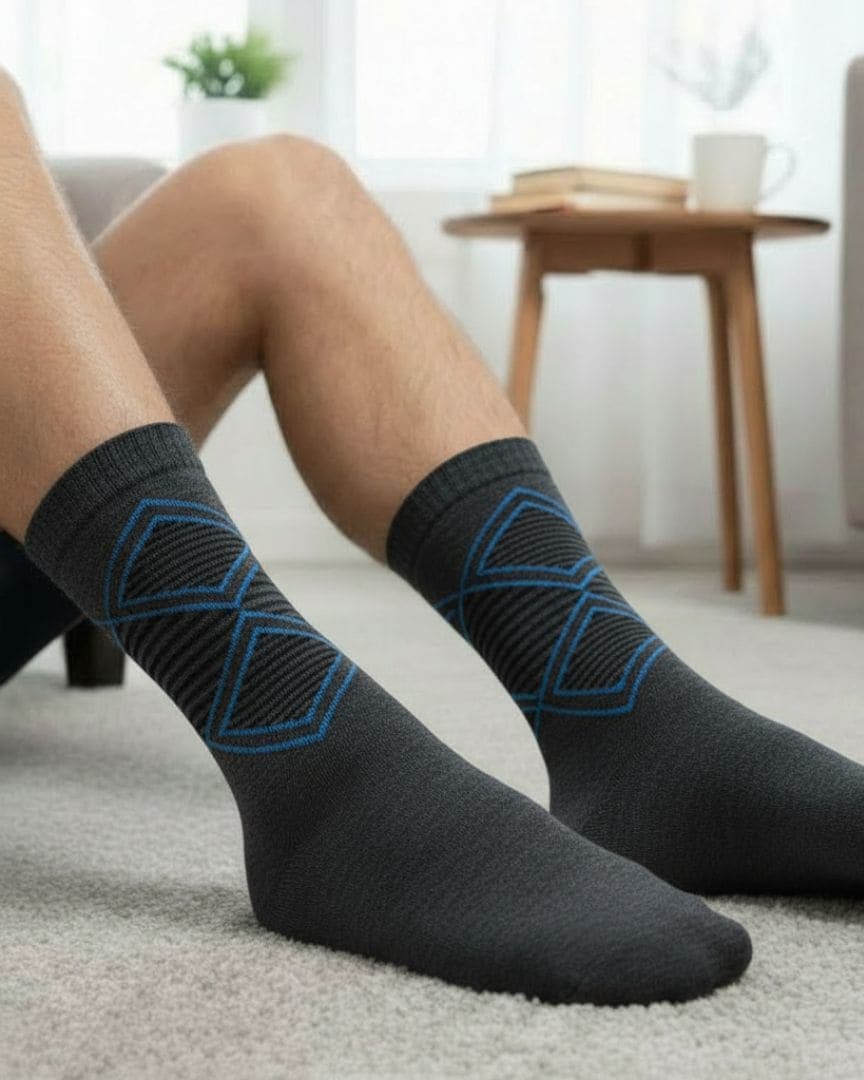 Charcoal Grey Woolen Winter Socks with Subtle Blue Diamond Pattern hover
