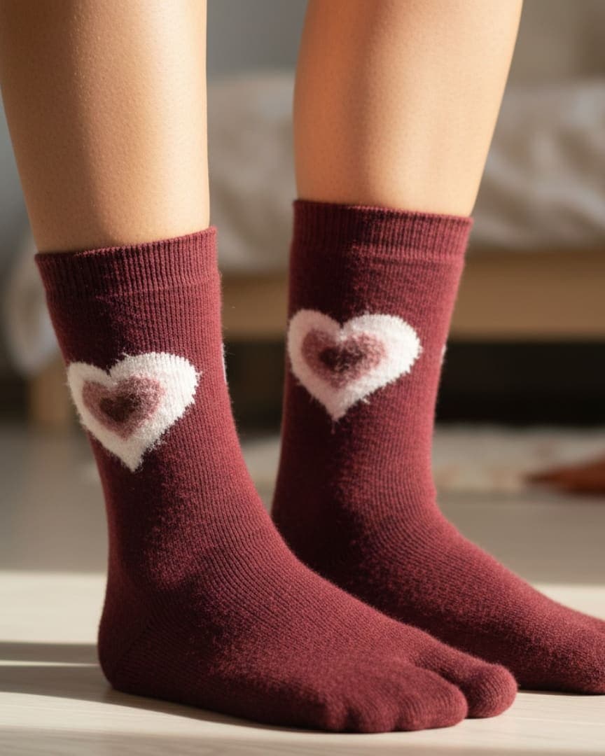 Maroon Woolen Thumb Socks with Furry Heart Patch | Crew-Length Soft Socks