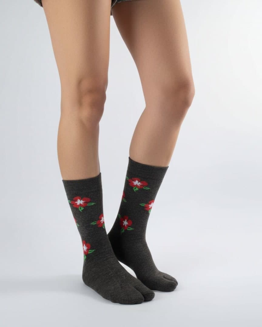 Charcoal Grey Woolen Thumb-Toe Socks with Red Floral Print | Crew Length