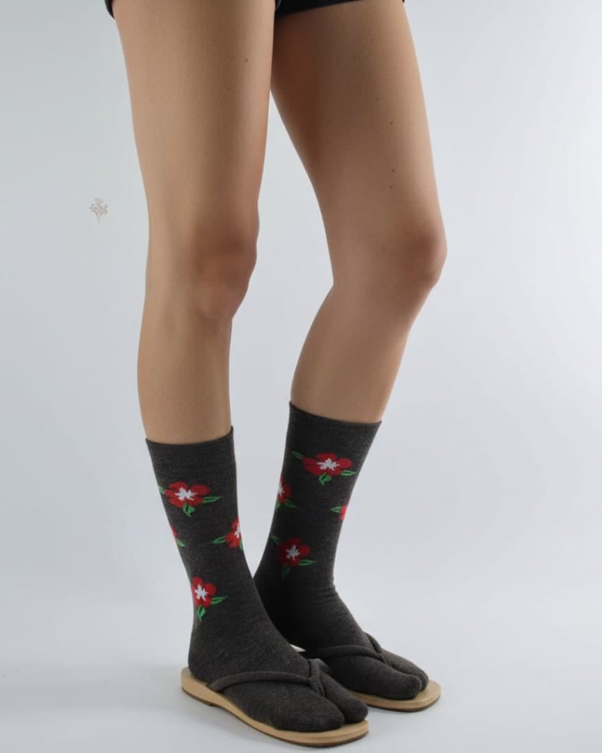 Charcoal Grey Woolen Thumb-Toe Socks with Red Floral Print | Crew Length hover