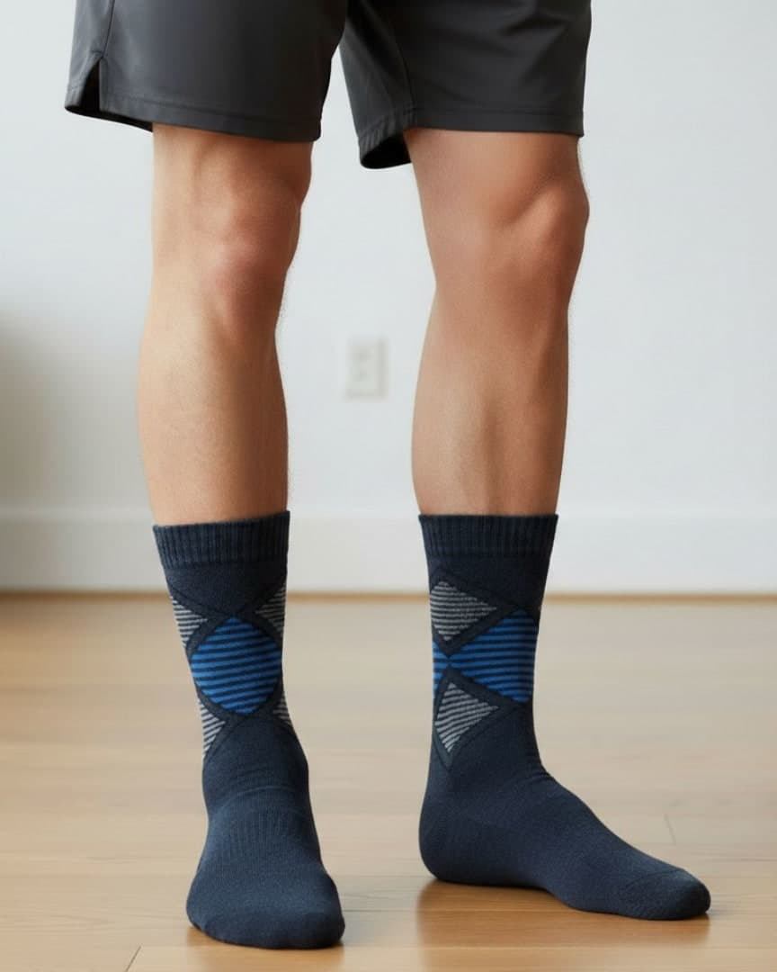 Navy Blue Woolen Winter Socks with Geometric Pattern | Crew Length