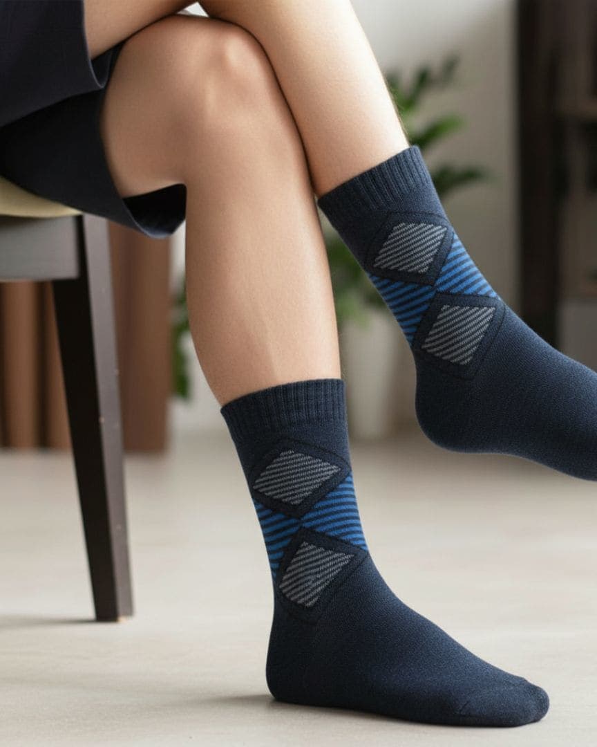 Navy Blue Woolen Winter Socks with Geometric Pattern | Crew Length hover